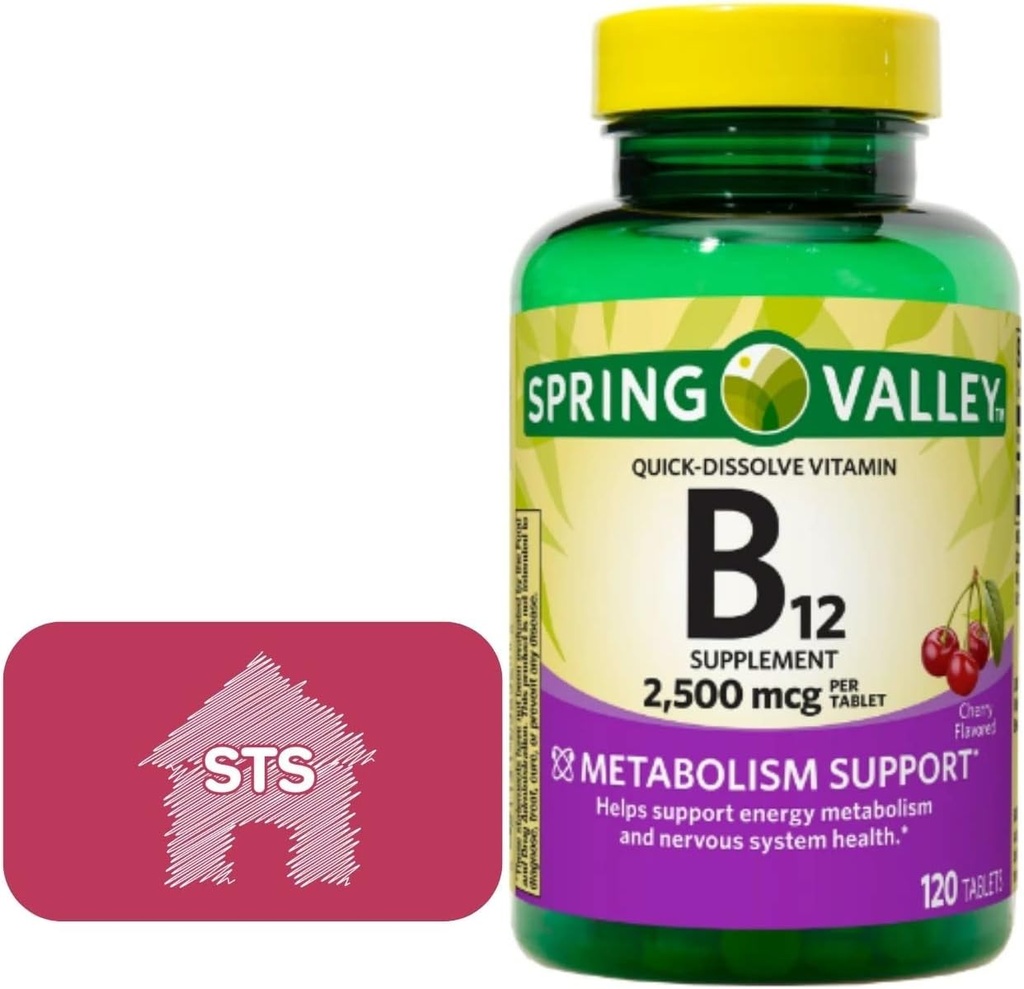 Spring Valley - Βιταμίνη Β12 Quick-Dissolve Tablets, 2.500 mcg, Cherry Flavor, 120 Count + STS Sticker.