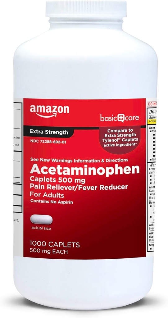 Temel Bakım Ekstra Güçlü Ağrı Yardımı, Acetaminophen Caplets, 500 mg, 1000 Kont (Pazarlama değişebilir)