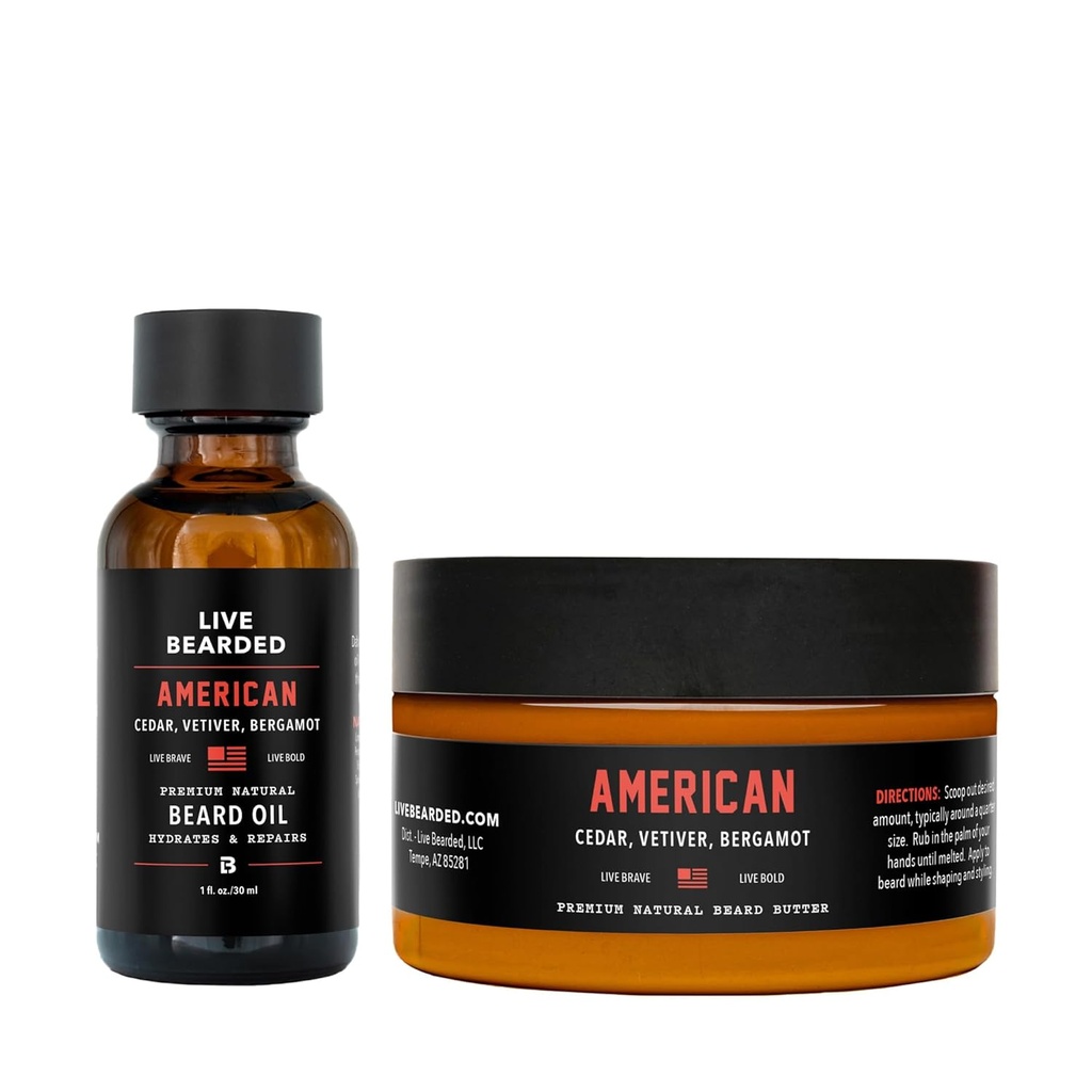 Live Bearded Beard Oil and Butter Grooming Kit - Made in the USA - All-Natural Ingredients with Shea, Argan, Jojoba - Growth Support | American Scent - Cedar, Vetiver, Bergamot