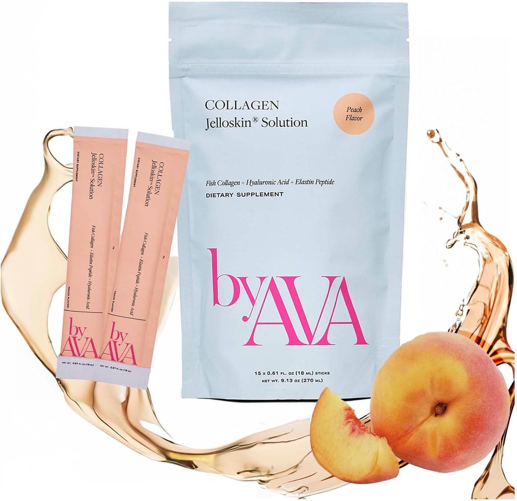 AVA Liquid Collagen Jelloskin Çözüm | Marine Collagen P + Hyaluronic Asit + Elastin peptidler Triple Supplements - Saç Skin ve Nails | Hydrolyzed Fish Collagen for Women |15 Packets Peachn