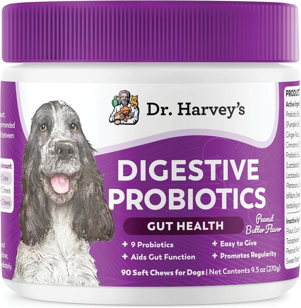 Dr. Harvey'nin Köpekler için Digestive Probiyotik Yumuşak Chews, Gut Health, Diarrhea ve Bowel Desteği için 9 Probiyotikler, Peanut Butter Flavor (90 Chews)