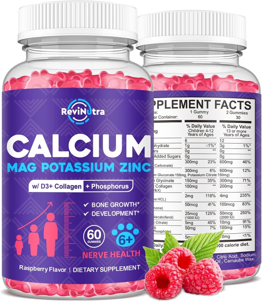Calcium Potassium Magnesium Gummies for Kids & Adults, with Hydrolyzed Collagen, Zinc, Phosphorus, Multivitamin for Sleep, Bone Strength, Density Support, Sugar Free,Raspberry 60 Gummies