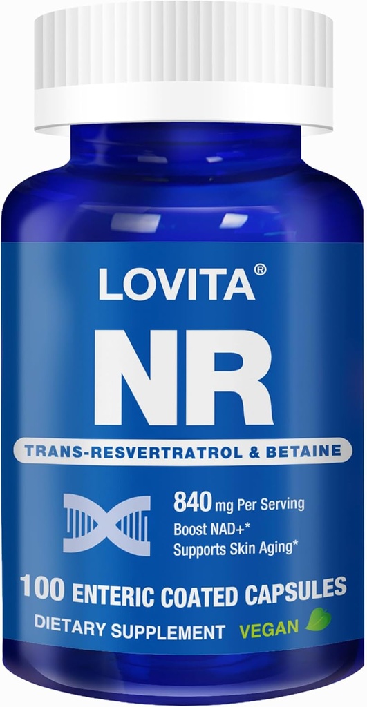 Lovita NR (Nicotinamide Riboside) 840 mg, συμπλήρωμα NAD με Trans-Reεσβερατρόλη και Betaine, Προώθηση επιπέδων NAD Plus, Υγιής γήρανση, 100 Vegan Enteric-Coated Κάψουλες