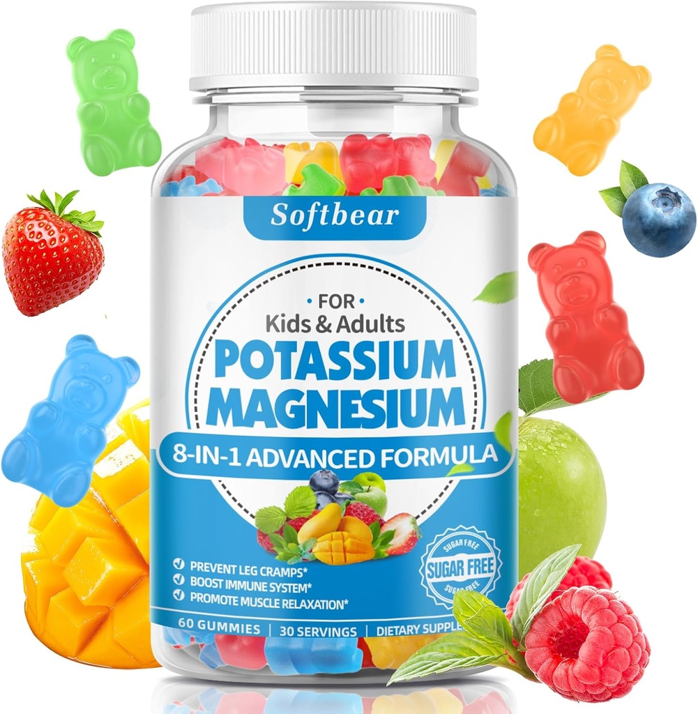 Μαλακοπάρου Κάλιο Gummies για ενήλικες, Υψηλής Απορρόφησης Κάλιο Μαγνήσιο συμπλήρωμα με βιταμίνη B6 CoQ10 για το πόδι Cramps & Μύες Υγεία Ζάχαρη-ελεύθερο Vegan Μεικτά Φρούτα Γεύση 60 Gummies