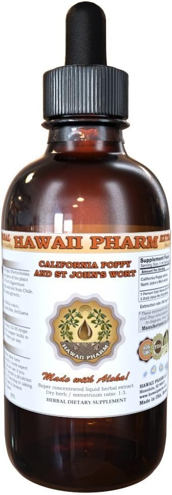 HawaiiPharm California Poppy and St John's Wort Liquid Extract, Organic California Poppy (Eschscholzia Californica) και St John's Wort (Hypericum Perforatum) Timcture Supplement 4 oz