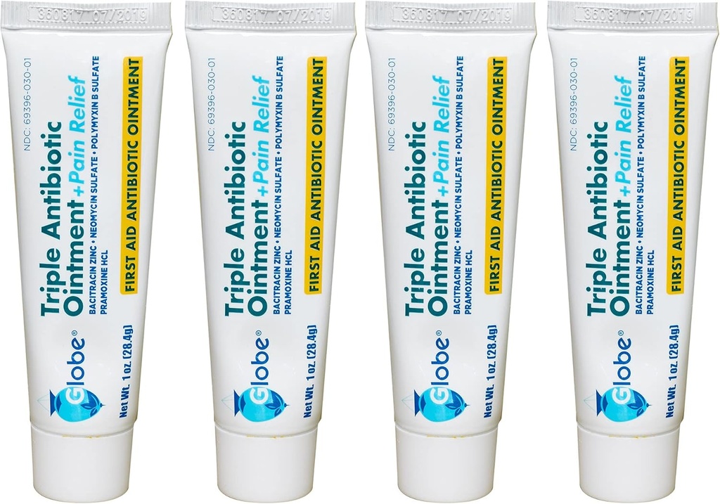 Globe (4 Pack Τρίκλινο Αντιβιοτικό + Αλοιφή ανακούφισης του πόνου 1oz, Αντιβιοτικό πρώτων βοηθειών, Καταπραϋντικό Πόνος, περικοπές, εγκαύματα και scrapes 24 ώρες Προστασία μόλυνσης