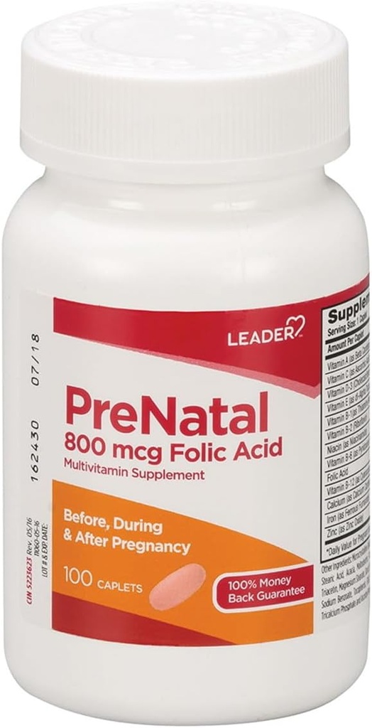 Leader Προγεννητική πολυβιταμίνη με 800mcg Φολικό οξύ & Βασικά θρεπτικά συστατικά για την υγιή εγκυμοσύνη & ανάπτυξη του εμβρύου, Υψηλής ισχύος βιταμίνη για την αναμονή μαμάδες, καθημερινή υποστήριξη, 100 Caplets (2-Pack)