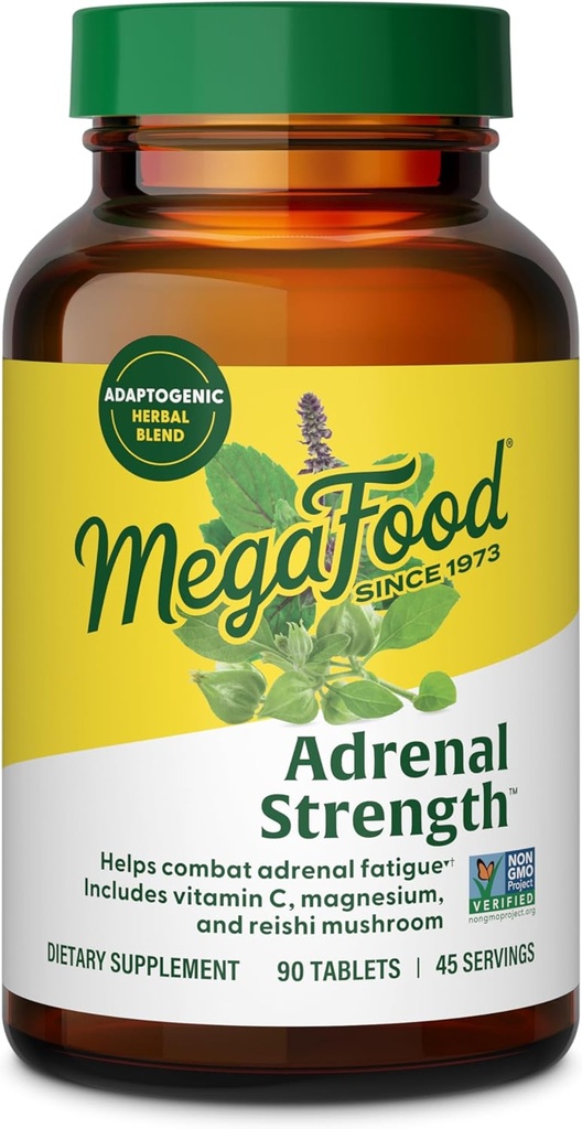 MegaFood Adrenal Strength - Συμπληρώματα υποστήριξης Adrenal με Ashwagandha, βιταμίνη C, Μαγνήσιο Γλυκινικό, Άγιος Βασίλειος, Astragalus - Μειώνει τα επίπεδα κορτιζόλης - χορτοφαγικά - 90 δισκία (45 μερίδες)