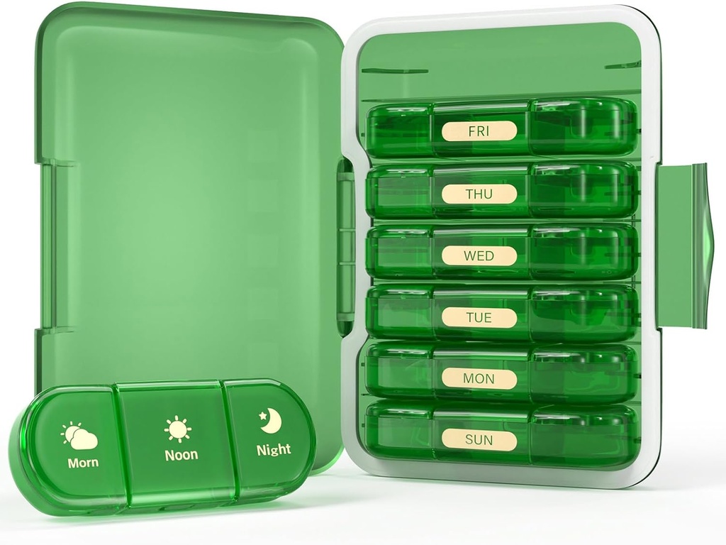 Haftalık Pill Organizer 3X bir Gün, 7 Gün Pill Box 3 Times, Seyahat Pill Case for Pills /Vitamin / Fish Oil /Medication /Supplements (3x7 Green)