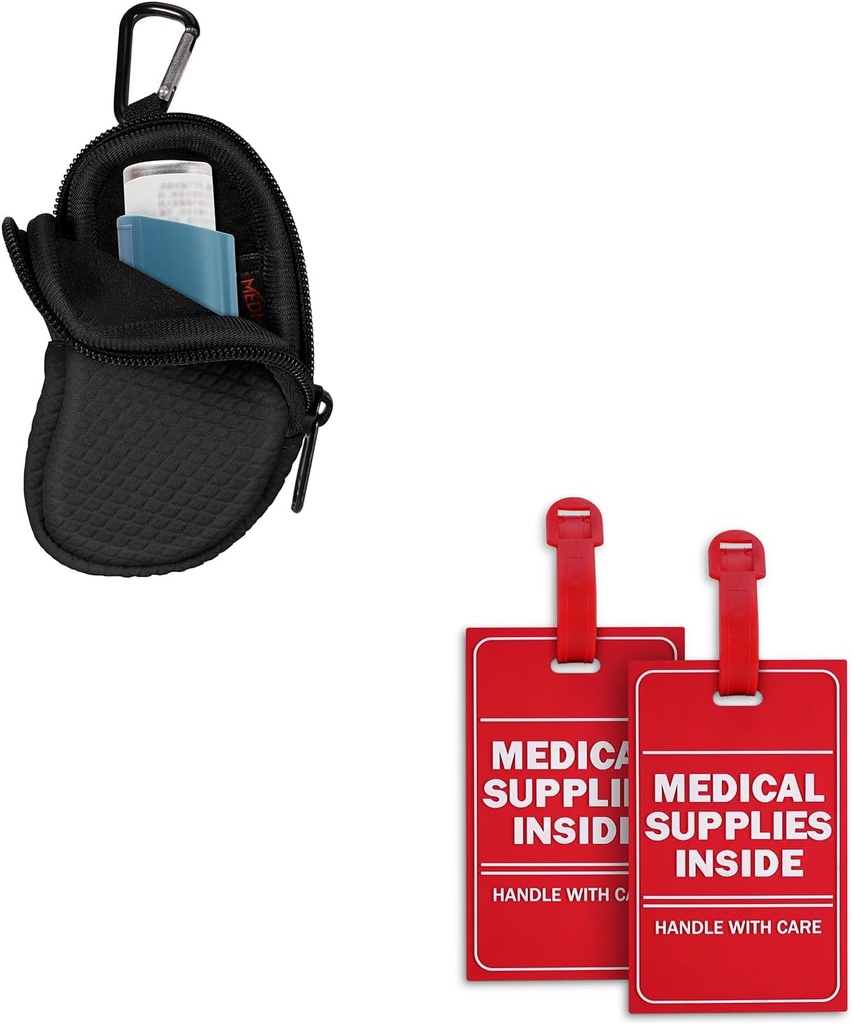 Neoprene Asthma Inhaler Holder Black ve 2 Pack Medical Materials Inside Tag Sche