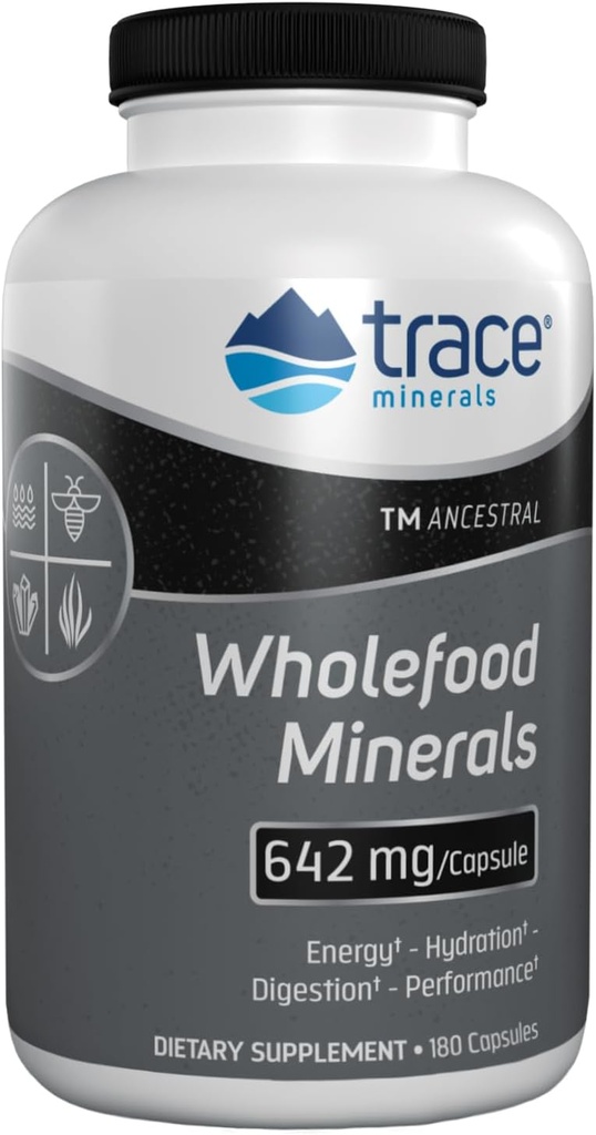 Trace Minerals Wholefood Minerals - Body & Brain Health Support Supplement - Wildflower Bee Pollen & Atlantic Kelp - Aids Nerve Function & Digestive Health - 180 Capsules