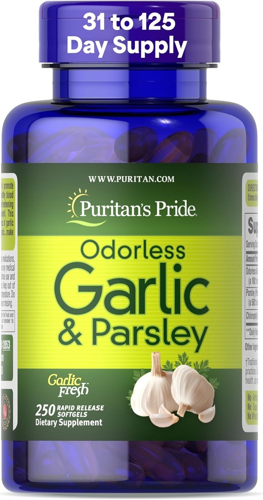 Puritan's Pride Preimum Odorless σκόρδο 5 mg (500 mg ισοδύναμο) & Μαϊντανό, παραδοσιακό συμπλήρωμα διατροφής για την υγεία της καρδιάς, την κυκλοφορία και την υποστήριξη ροής αίματος, 250 Softgels ταχείας απελευθέρωσης