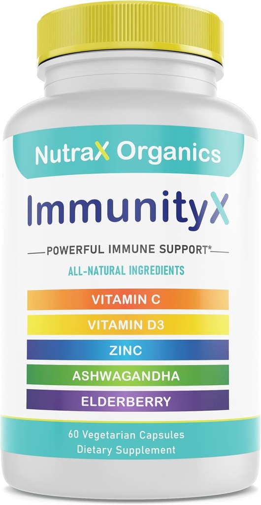All-in-One Organic Immune Support Supplement 60 Vegan Capsules - Elder 500 mg, Ashwagandha 500 mg, 400 mg Vitamin C ve çinko - D3 - Yetişkinler için Immune ATM