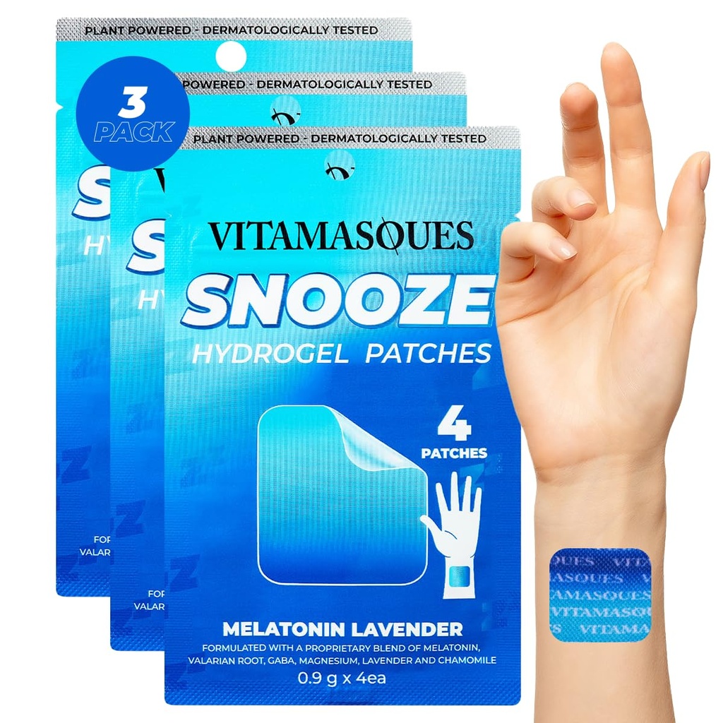 Vitamasques Sleep Patches for Yetişkinler, SnoozeMe Wellness Hydrogel Patch (3-Pack) - Lavender, Melatonin, & Valerian Root - Cruelty-Free, Korean Skin Care Sleep Patch