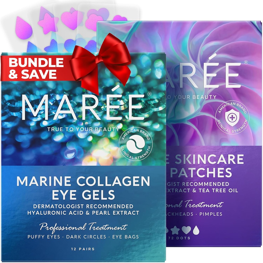 MAREE Eye Gels & Acne fralearing Devices Sche - Under Eye Gels for Puffy Eyes and Dark Circles, Hydrocolloid Acne Therapy Device - Marine Collagen & Hyaluronic Acid, Green Algae Extract & Tea Tree Oil
