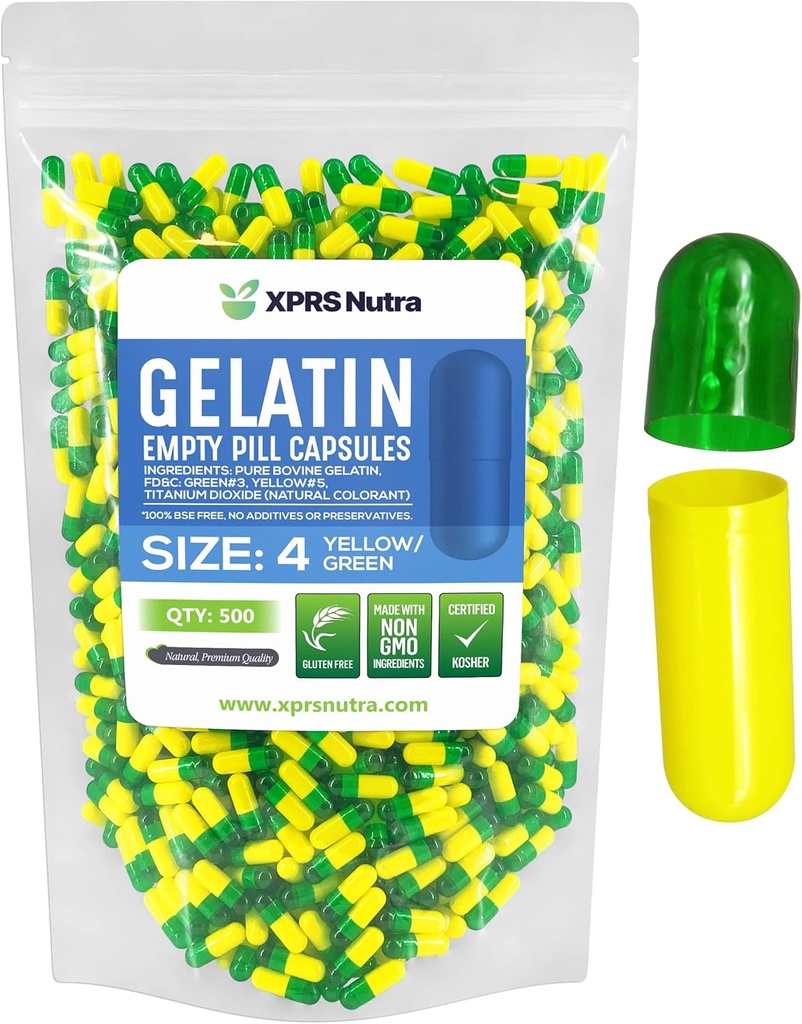 XPRS Nutra Ürün Resim Boyutu 4 Boş Kapsüller - 500 Kont Küçük Boş Gelatin Capsules - Pills DIY Capsule - Bovine Pill Gel Caps (Green/Yellow)