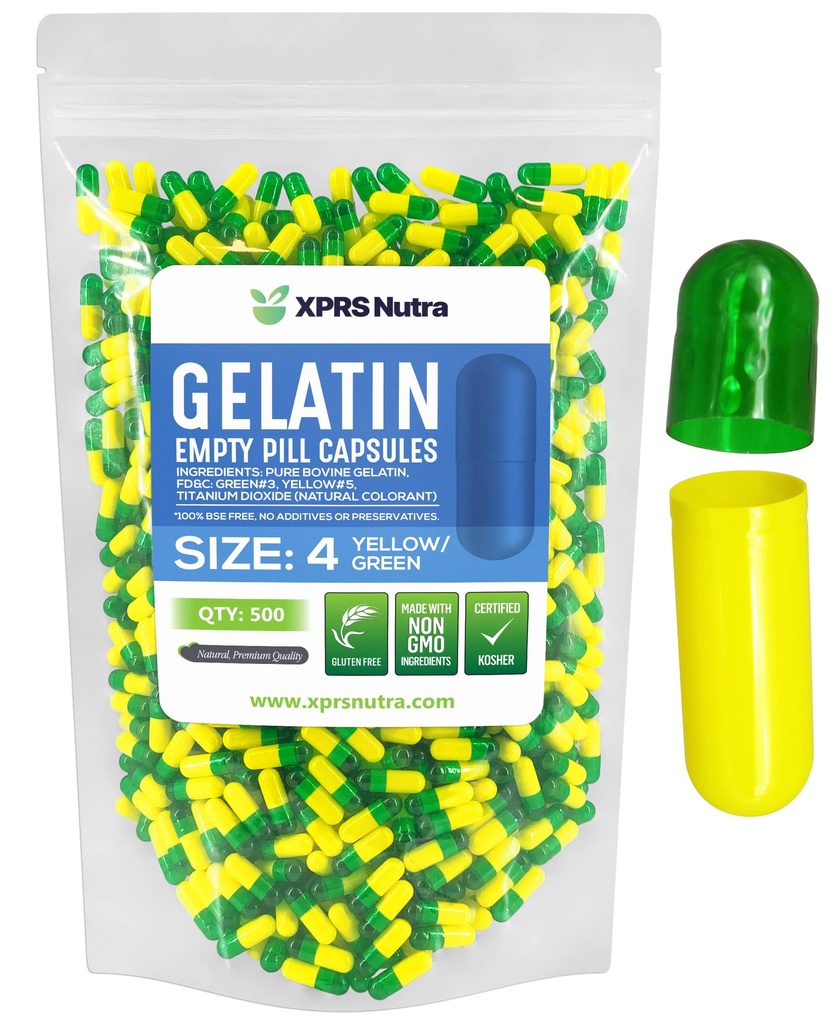 XPRS Nutra Size 4 Empty Capsules - 500 Count Small Empty Gelatin Capsules - Pills DIY Capsule Filling - Bovine Pill Gel Caps (Green/Yellow)