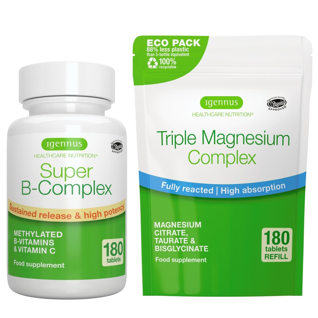 Super B- Complex 180 Δισκία + Τρίκλινο σύμπλεγμα μαγνησίου 180 Δισκία Vegan Bundle, Methylated Content Release B Complex + Υψηλή Απορρόφηση Χηματοποιημένο Γλυκινικό μαγνήσιο, Taurate & Citrate, από την Igenus