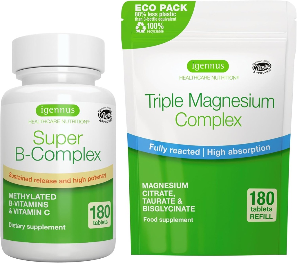 Super B-Complex 180 Tabletler + Triple Kompleksi 180 Tabletler Vegan Sche, Metilated Sustained Release B Kompleks + Yüksek Apsiyon Chelated Magnezyum Glycinate, Taurate & Citrate, by Igennus