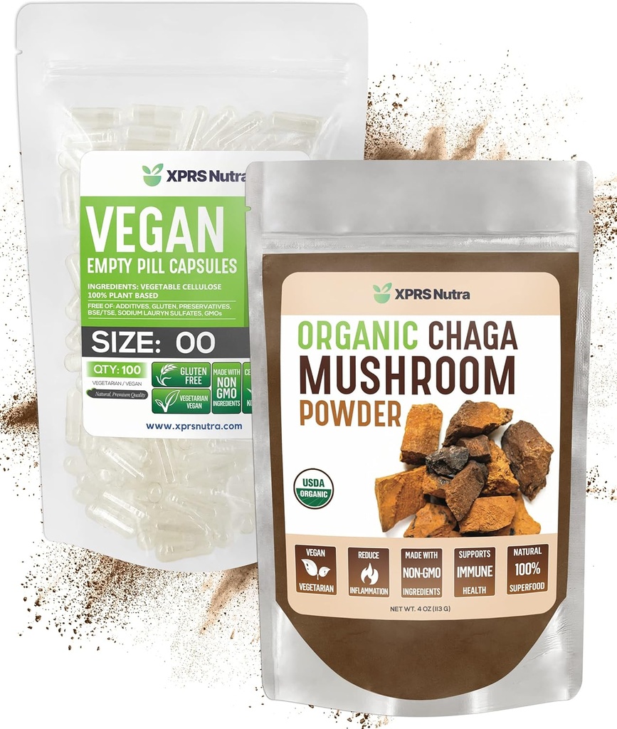 XPRS Nutra οργανική σκόνη Τσάγκα 4 ουγγιά με μέγεθος 00 προ-διαχωρισμένες κενές κάψουλες (100 κόμης)