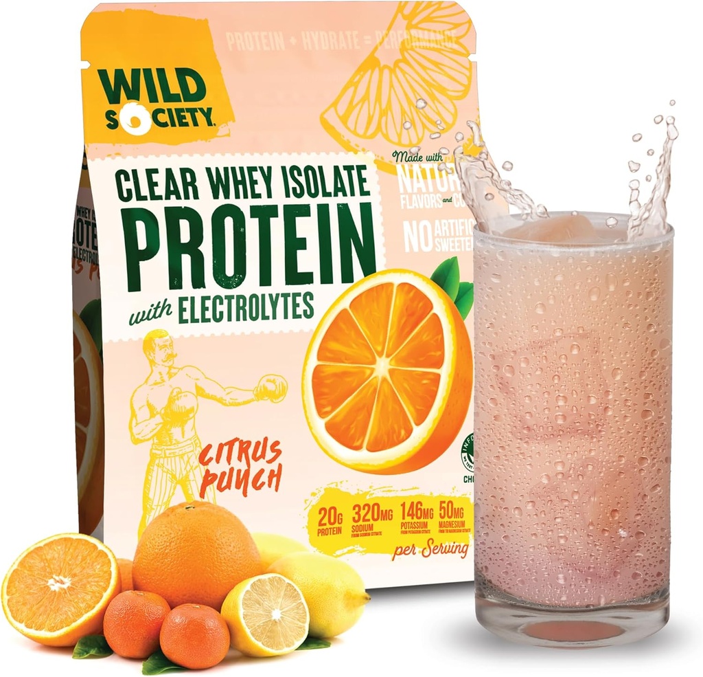 WILD SOCIETY - Clear Whey Protein + Electrolytes - Refreshing Whey Protein Isolate Powder - 20g Protein, 0 Προστέθηκε Ζάχαρη, GMO-Free, Φυσικές Γεύσεις & Χρώματα - Citrus Punch, 16 oz