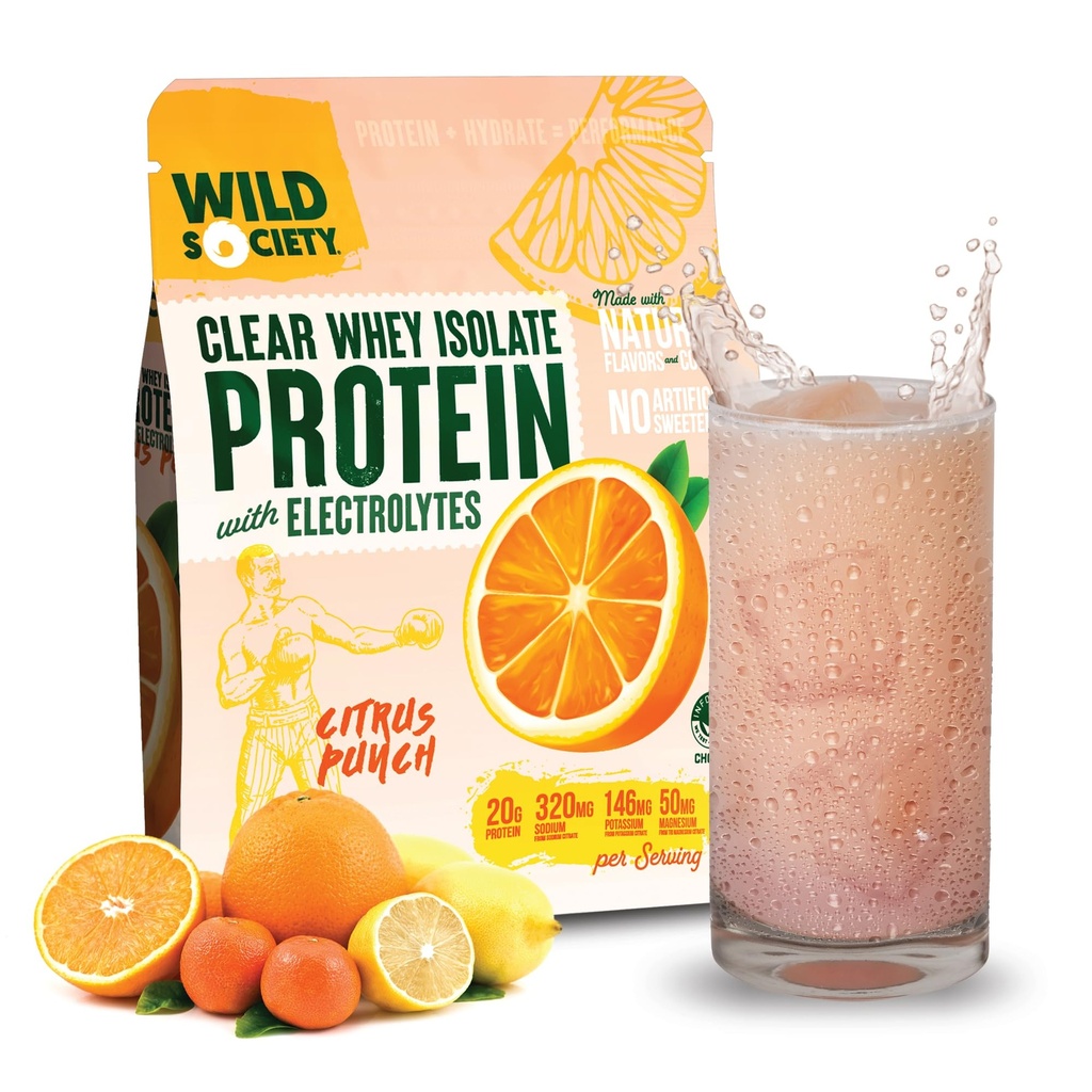 WILD SOCIETY - Clear Whey proteini + Elytes - Whey proteini Isolate Toz - 20g Protein, 0 Eklenmiş Şeker, GMO-Free, Natural Flavors & Colors - Citrus Punch, 16 ozz