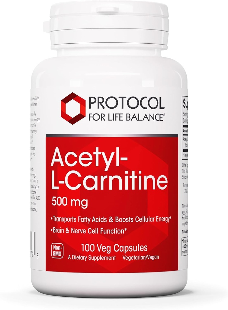 Πρωτόκολλο Acetyl- L-Καρνιτίνη 500mg - Συμπλήρωμα ενέργειας, νεύρο, και υποστήριξη εγκεφάλου - 100 Veg Caps