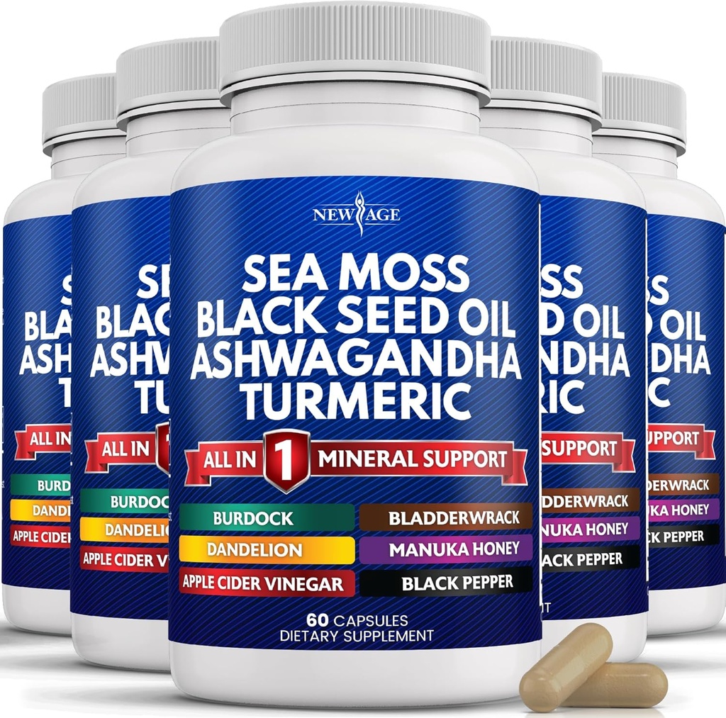 NEW AGE Sea Moss Black Seed Oil Ashwagandha Turmeric Bladderwrack Burdock - Manuka, Honey Dandelion, ACV Black Pepper Gluten Free