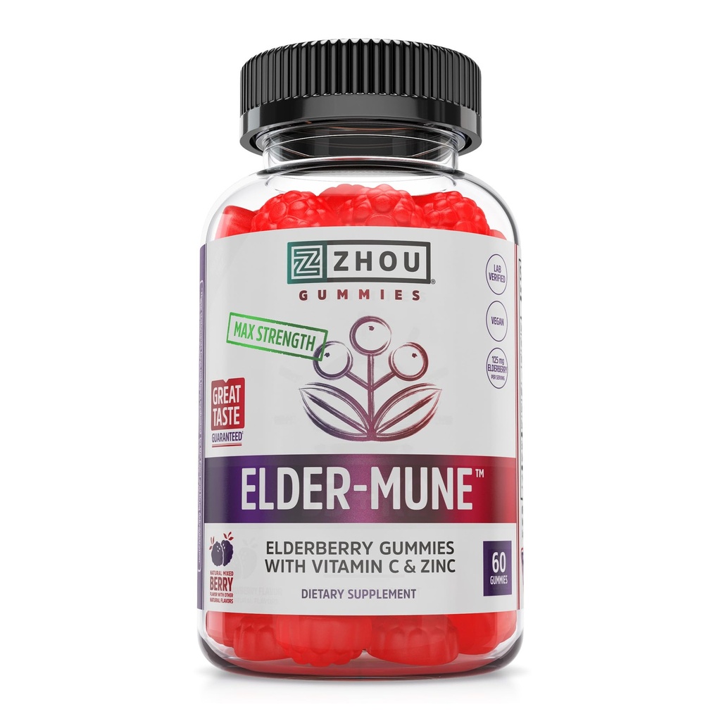 Zhou Elder-Mune Elderberry Gummies - Yaşlı Vitamin C ve çinko, Daily Immune Support Supplemenet for Women & Men, Chewable Natural Black Elder için Yetişkinler & Çocuklar 4 & Up - 60 Gummies