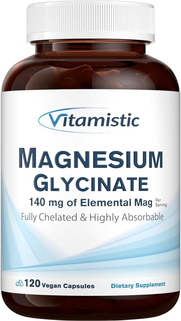 Magnesium Glycinate, Chelated, Highly Bioavailable, Fully Reacted & Non-Buffered, Gentle on The Stomach, 140 mg Elemental Magnesium, for Sleep, Bone, Non GMO, 120 Vegan Caps