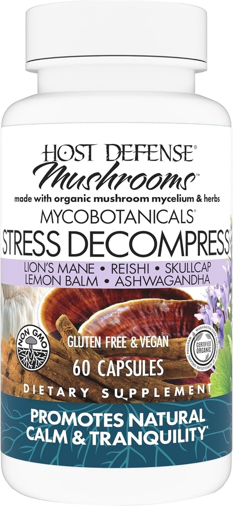 Host Defense MycoBotanicals Stress Decompress* Capsules - Mushroom Supplement with Lemon Balm & Ashwagandha Root - with Reishi, Lion's Man & Skullcap - 60 Capsules (30 Hizmetler)