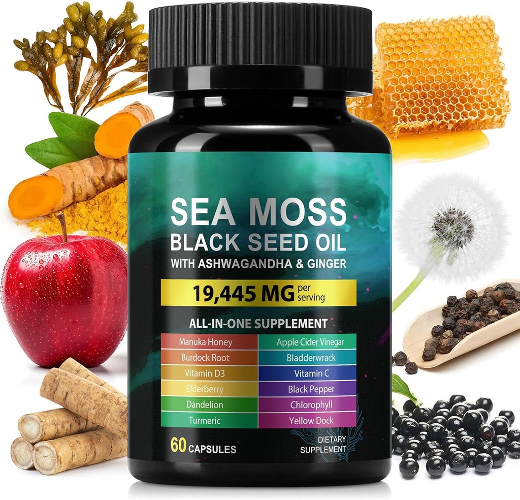 Sea Moss 3000 mg Black Seed Oil Capsules 2000 mg Ashwagandha Supplements 1000 mg Bladderwrack Turmeric Burdock & Vitamin C & D3 Manuk Honey Dandelion Sarı Dockophyll ACV