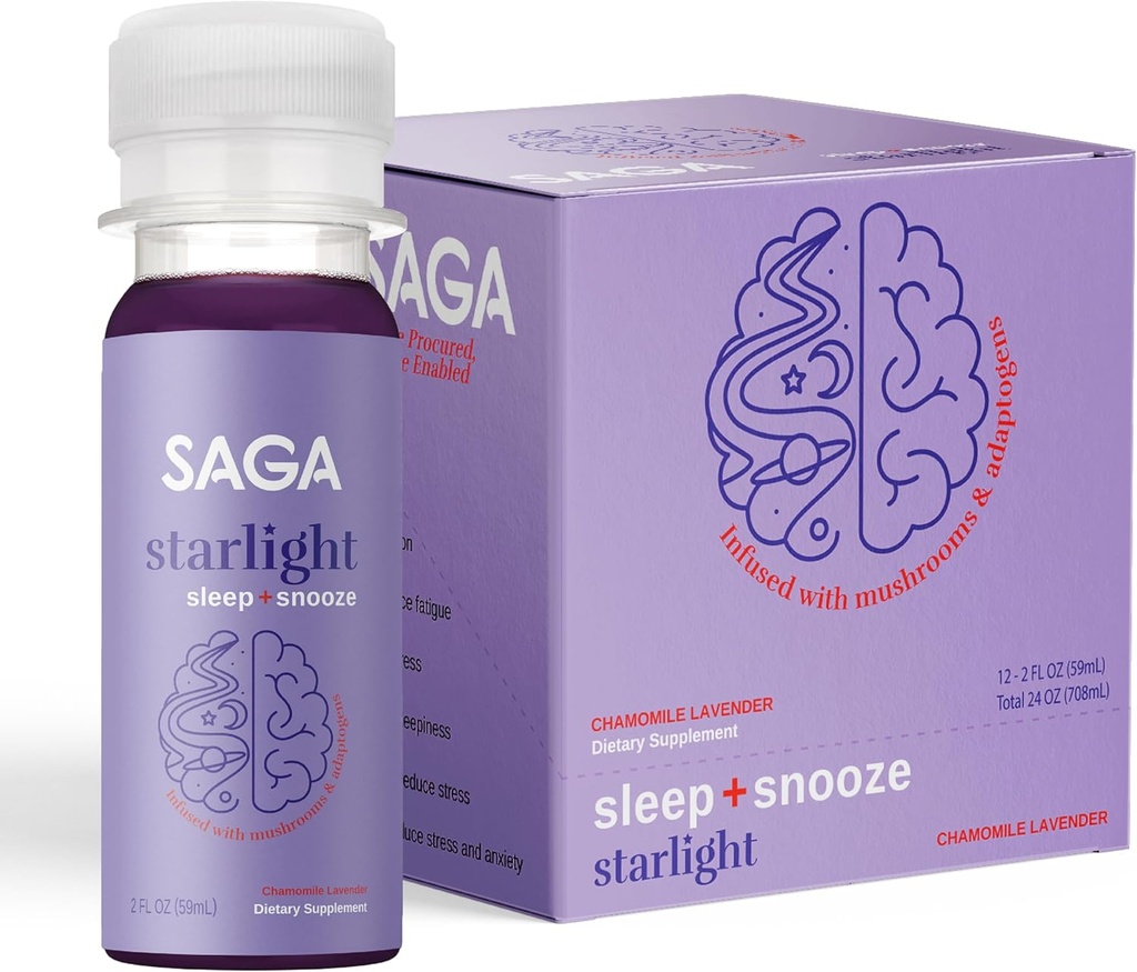 SAGA Starlight Organic Sleep Shots – Natural Sleep Aid with Melatonin, Reishi, Valerian Root, Ashwagandha, Chamomile – Sugar-Free, Vegan, Zero Calories, Plant-Based Sleep Support, Travel Dimension (2 Oz)