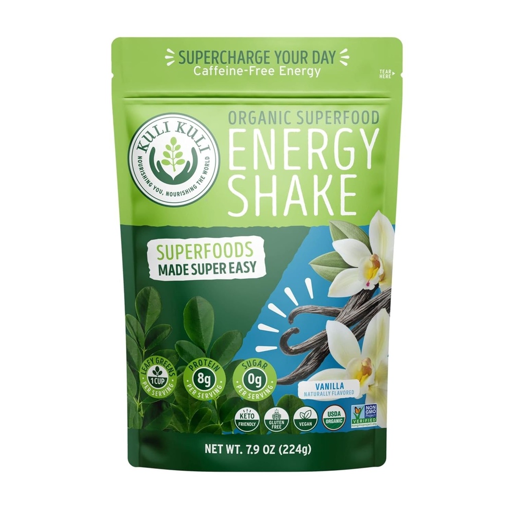 Kuli Kuli Organic Moringa Greens Smoothie Mix - Plant-Based Superfood Protein Smoothie Mix, Vanilla, 7.9 Ounce Pouch, Vegan and Gluten-Free with 8g Pea Protein and 1 Cup Greens Per Serving
