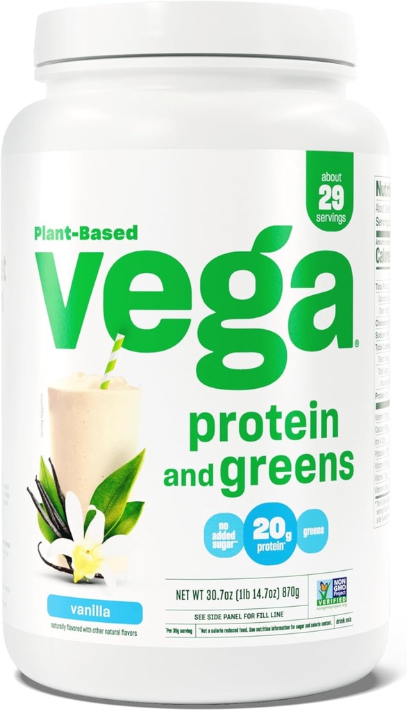 Vega protein ve Yeşiller Protein Toz, Vanilla - 20g Plant Temel Protein Plus Veggies, Vegan, GMO, Pea Protein Kadınlar ve Erkekler için, 1.9lbs