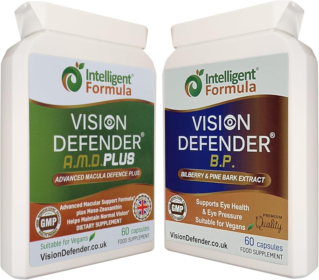 Vision Defender A.M.D. Plus & BP Eye Care Bundle – Advanced Eye Supplements with AREDS2 (Λουτεΐνη, Ζεαξανθίνη, Βιταμίνη C & E, Χαλκός, Ψευδάργυρος), Plus Meso-Zeaxanthin, Bilberry, Pine Bark. Κατασκευασμένο στο Ηνωμένο Βασίλειο