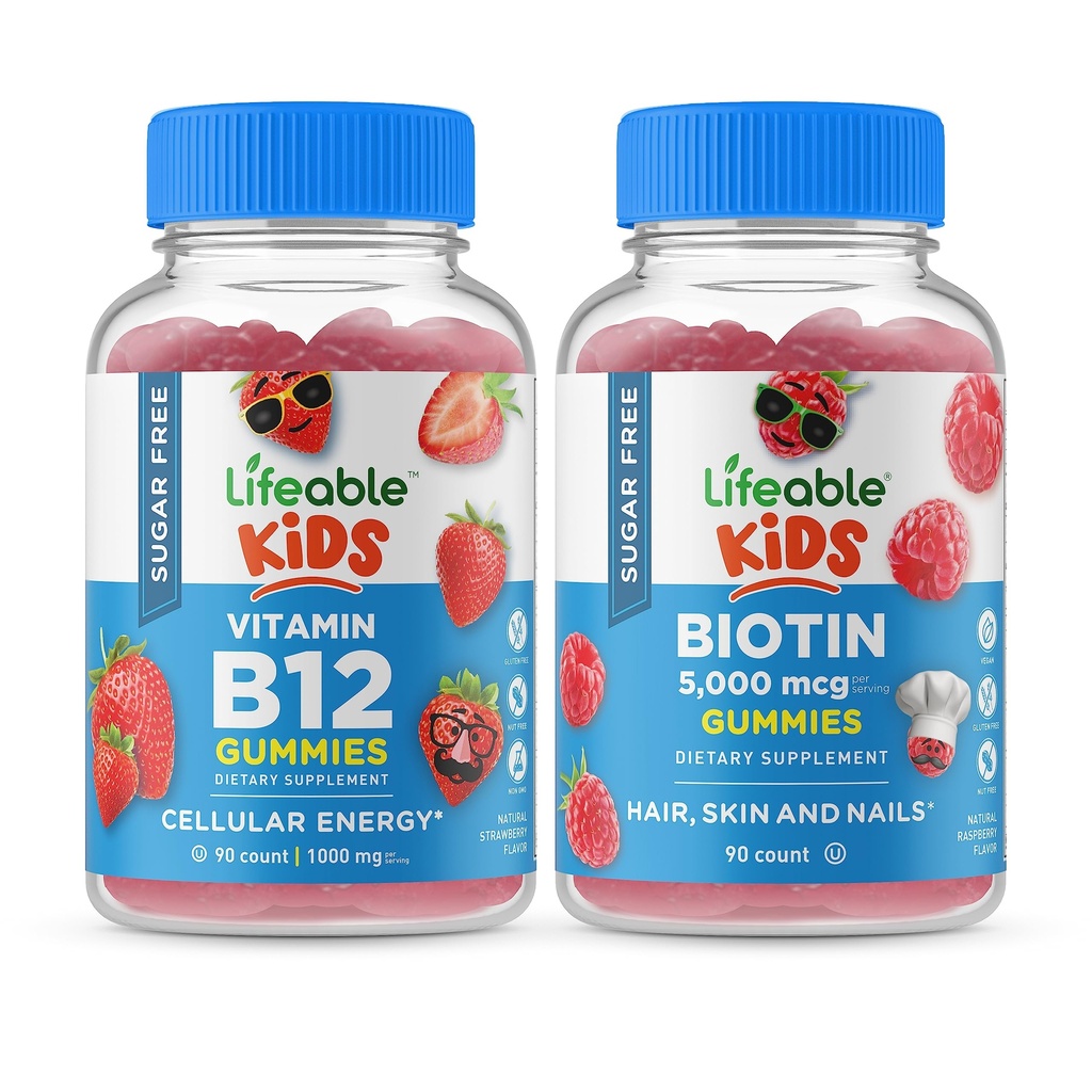 Lifeable Sugar Free Vitamin B12 Kids + Preciotic Fiber Kids, Gummies Bundle - Great Tasting, Vitamin Supplement, Gluten Free, GMO Free, Chewable Gummy