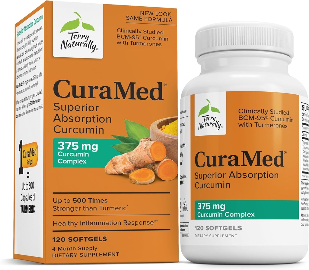 Terry Doğal CuraMed 375 mg - Beyin ve Immune Sağlık Desteği için Antioksi Supplement - Curcumin & Turmeric Essential Oil - Herbal Liver Desteği - 120 Softgels
