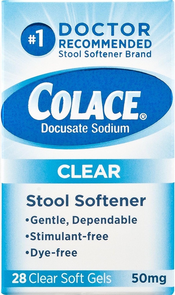 Colace Clear Stool Αποσκληρυντής Μαλακό Gel Καψάκια Δυσκοιλιότητα Ανακούφιση 50 mg Δοκιμαστικός γιατρός νατρίου συνιστάται 28ct