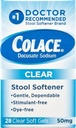 Colace Clear Stool Αποσκληρυντής Μαλακό Gel Καψάκια Δυσκοιλιότητα Ανακούφιση 50 mg Δοκιμαστικός γιατρός νατρίου συνιστάται 28ct