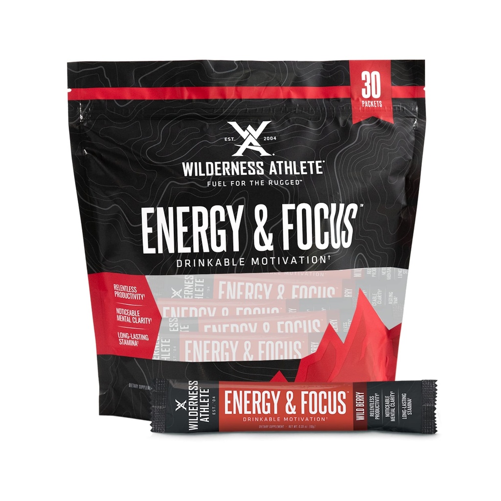 Wilderness Athlete - Energy & Focus | Energy Branson for Women & Men - Energy Drink Mix with Natural Caffeine - Low-Carb, Zero Sugar Energy Drink Toz - 30 Energy Drink Packets (Wild Berry)