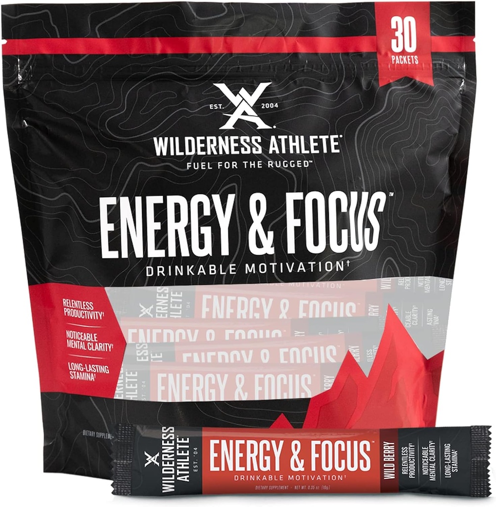 Wilderness Athlete - Energy & Focus | Energy Branson for Women & Men - Energy Drink Mix with Natural Caffeine - Low-Carb, Zero Sugar Energy Drink Toz - 30 Energy Drink Packets (Wild Berry)