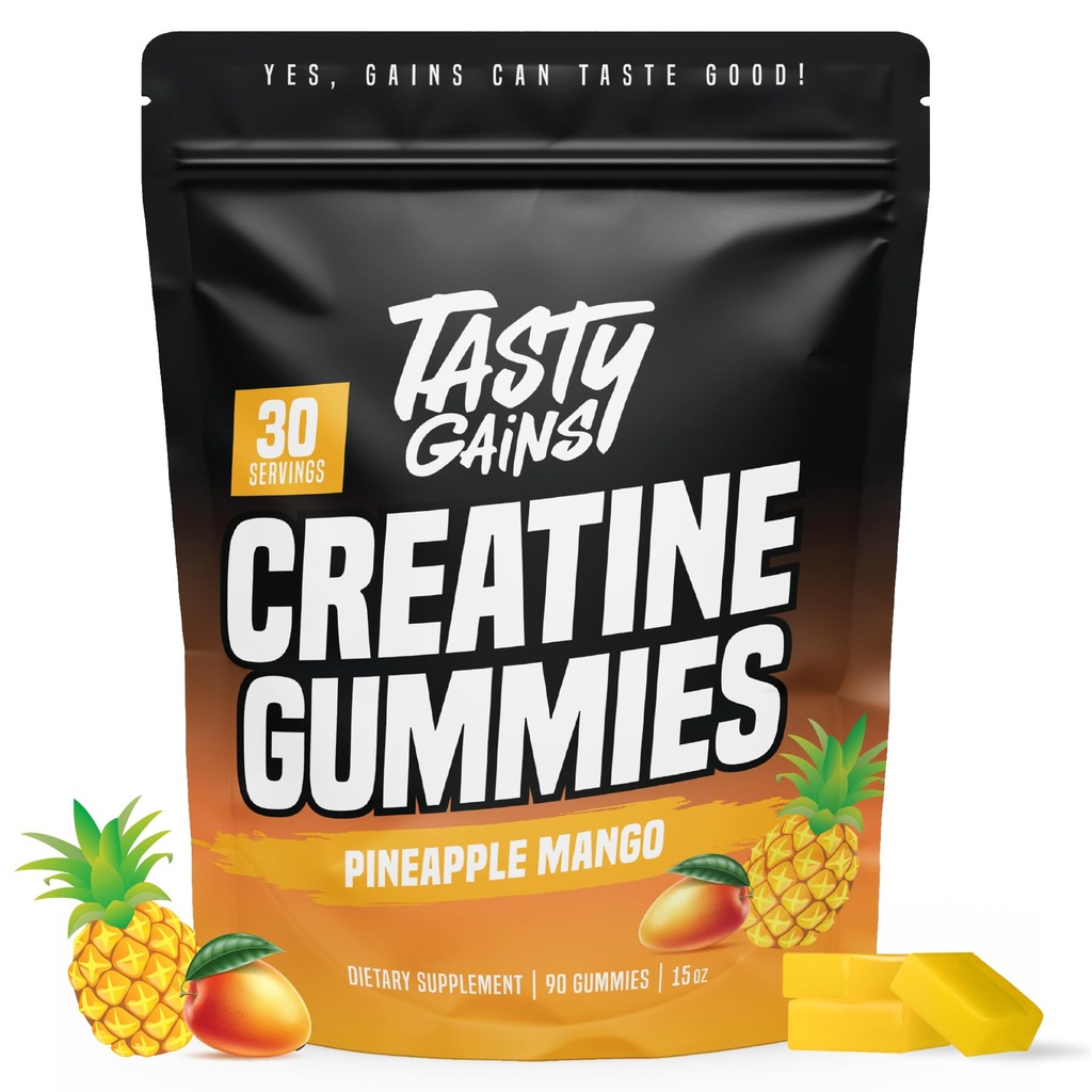 TASTY GAINS Kretine Gummies - 90g of Kretine Monohidrat - Workout Supplements - Build Muscle & Boost Strength for Men & Women - Made in USA - Non GMO - Vegan (Large, Pineapple Mango)