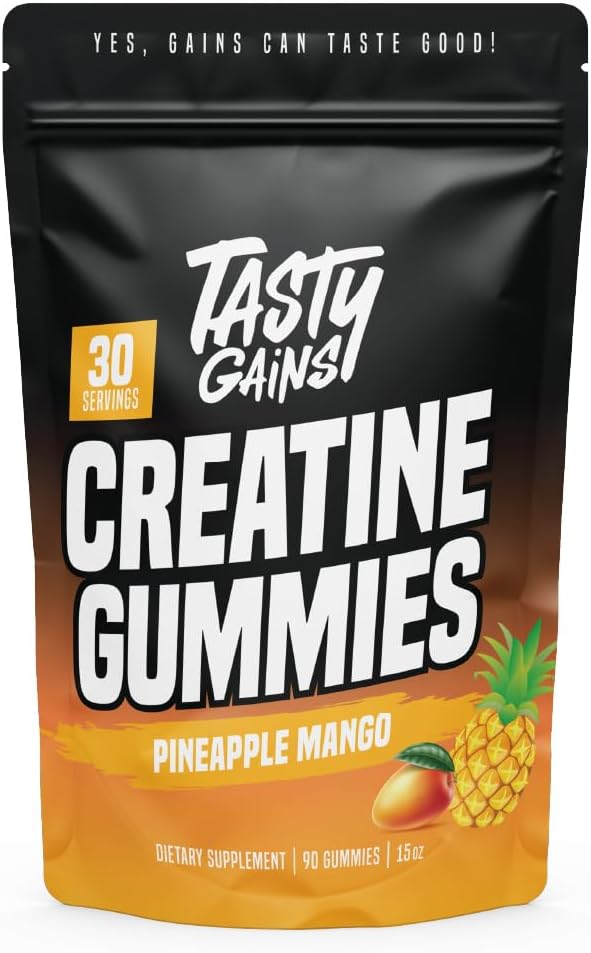 TASTY GAINS Kretine Gummies - 90g of Kretine Monohidrat - Workout Supplements - Build Muscle & Boost Strength for Men & Women - Made in USA - Non GMO - Vegan (Large, Pineapple Mango)