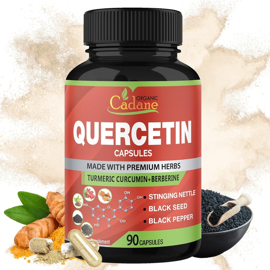 Organik Cadane Quercetin Extract Capsules, 90capsules, 3 Ay Quercetin, Turmeric Curcumin, Berberine, Nettle, Black Seed Toz, Black Pepper.