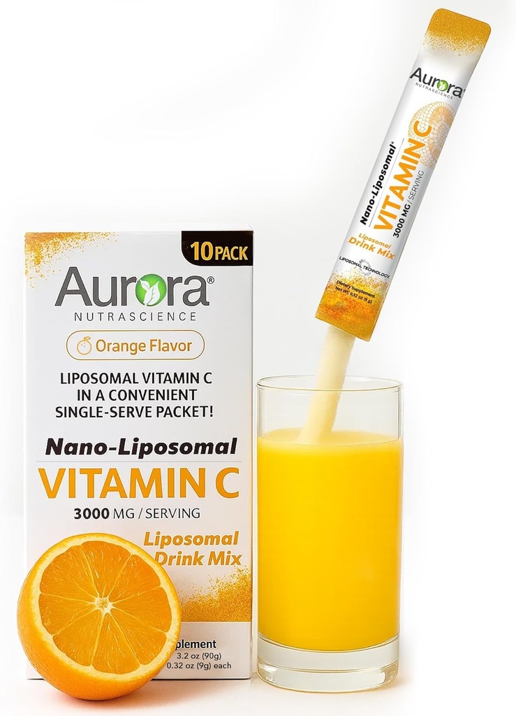 Aurora Nutrascience Nano-Pack Liposomal Vitamin C Powder Drink Mix, Ανοσοποιητική Υποστήριξη, Υψηλή Δύναμη 3.000 mg ανά υπηρεσία 10 Single Servet Packets, Πορτοκαλί