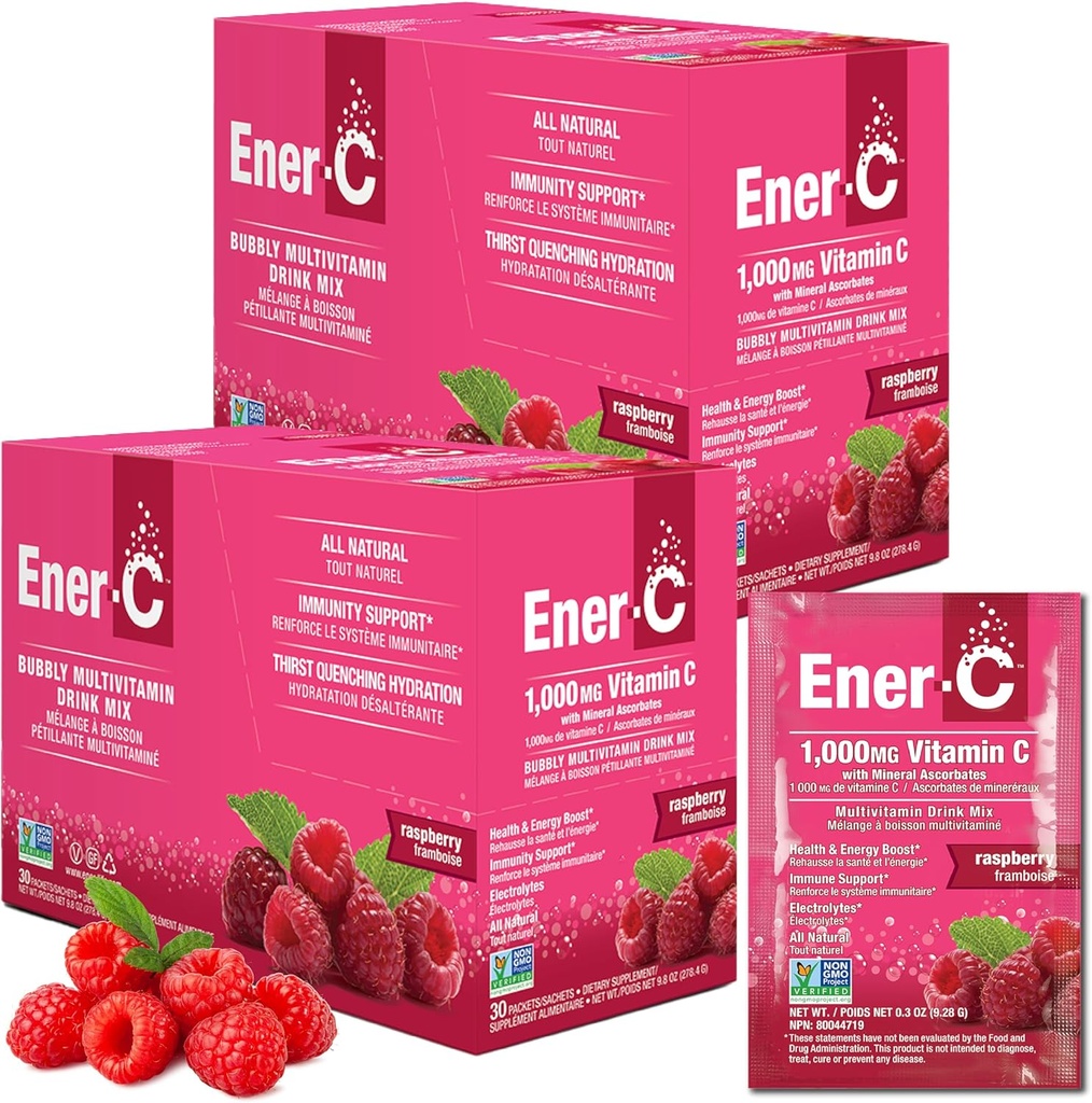 Ener-C Multivitamin İç Mix - Su için Vitamin Paketleri, Elektrolytes Toz Paketleri, Vitamin İç Mix, Hydration Liquid Mix, Immune ATM for Yetişkinler, Sağlıklı Enerji - Raspberry, 60 Countets