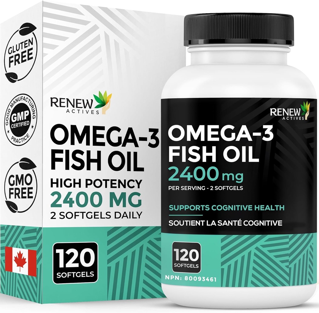 Renew Actives Omega-3 Fish Oil 2400MG per 2 Softgels - 720MG EPA & DHA - Υποστηρίζει την καρδιά, τον εγκέφαλο, την υγεία των ματιών, και τη μείωση των τριγλυκεριδίων - Δεν ψαρική επίγευση - Made in Canada - 120 Softgels