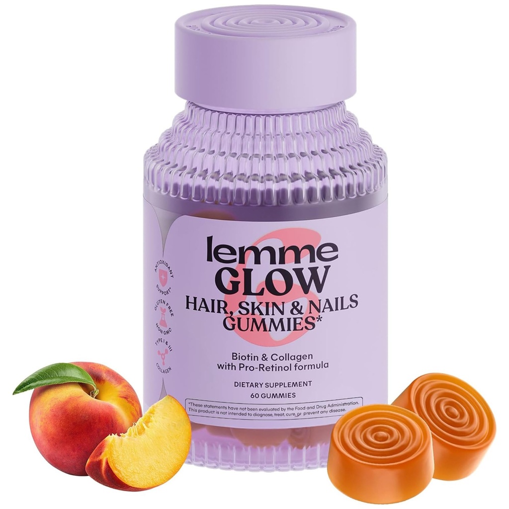 Lemme Glow Collagen Gummies forchar Hair, Güçlü Nails & Health Skin with Multi-Collagen., Biotin, Trace Minerals, çinko, A, C & E, Dairy & Gluten Free, Peach Flavor, 60 ct.