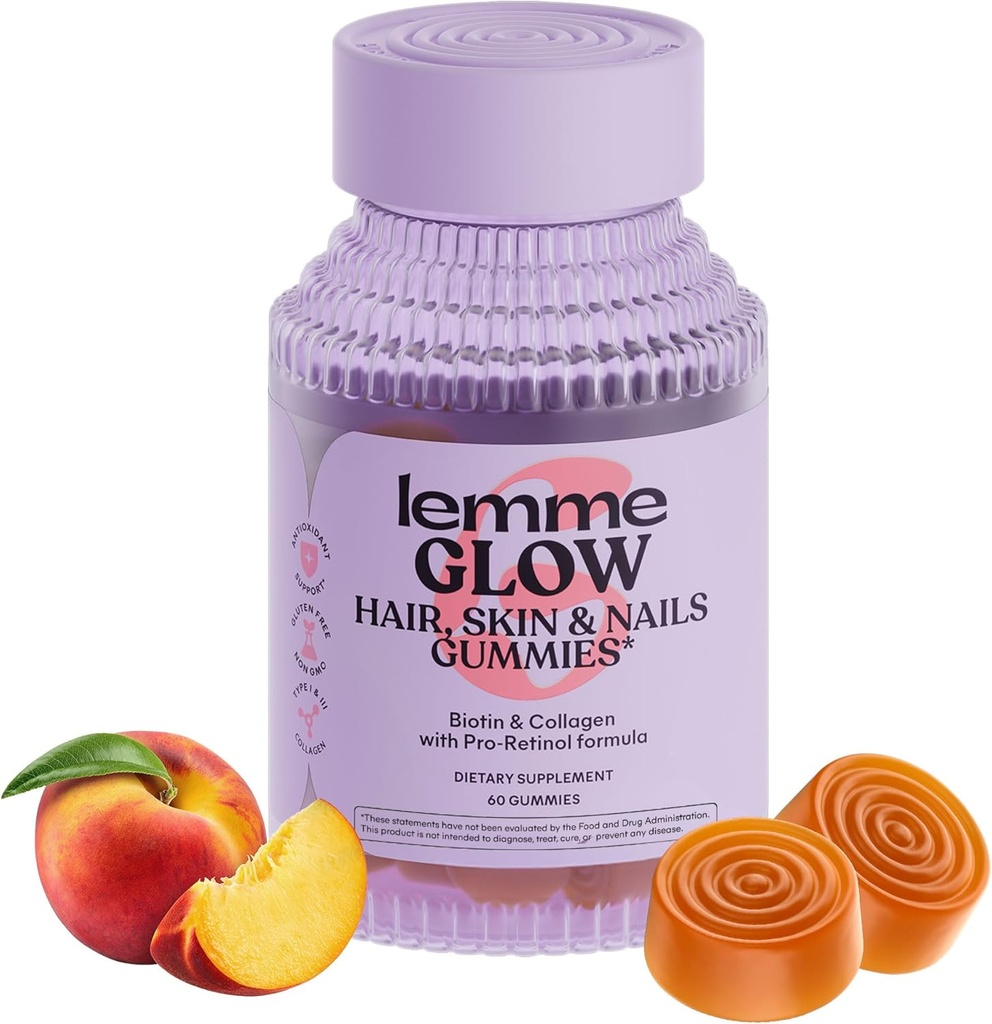 Lemme Glow Collagen Gummies forchar Hair, Güçlü Nails & Health Skin with Multi-Collagen., Biotin, Trace Minerals, çinko, A, C & E, Dairy & Gluten Free, Peach Flavor, 60 ct.
